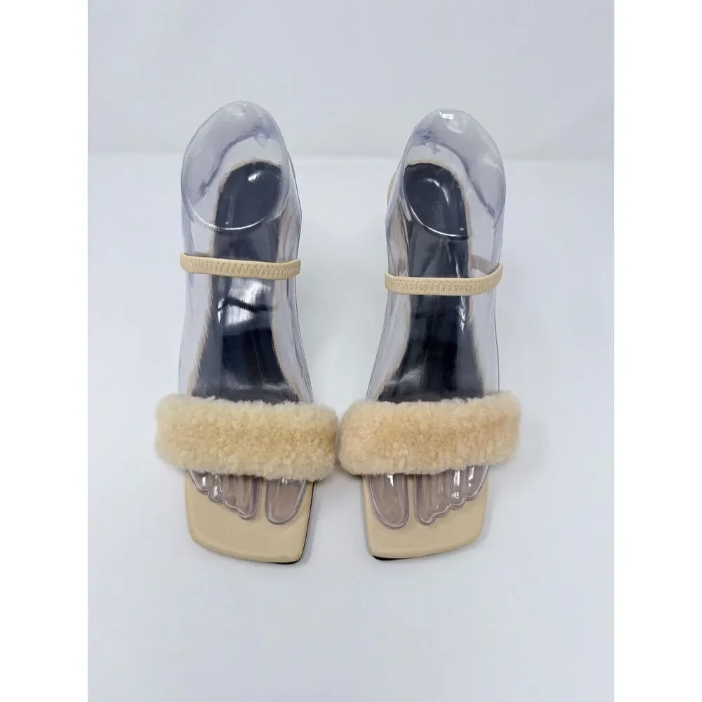 BY FAR Ada 100mm Shearling Sandals Sable Beige Size 37 US7 NWOB Minor Defect